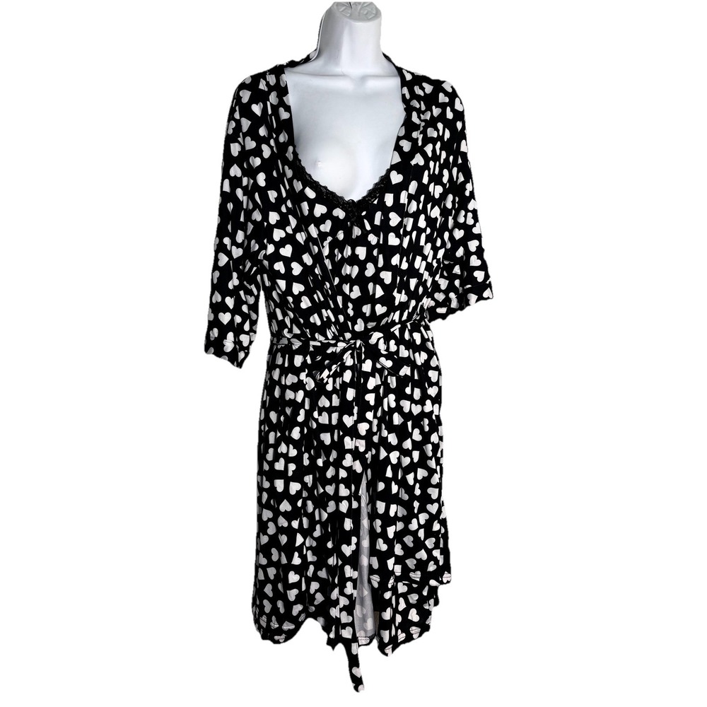 Y2K 2pc Babydoll Gown &Tie Robe Black & White Hearts All Over XL Loungewear NWT